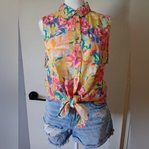 Tropical Hawaiian Floral Button-Down Sleeveless Top Size Large 12-14 Linen Blend